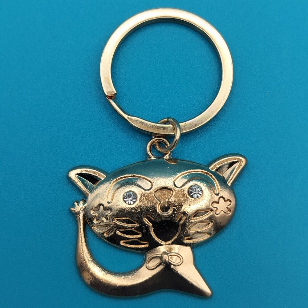 Cat Waving Gold Tone Key Ring Keychain Jeweled Eyes